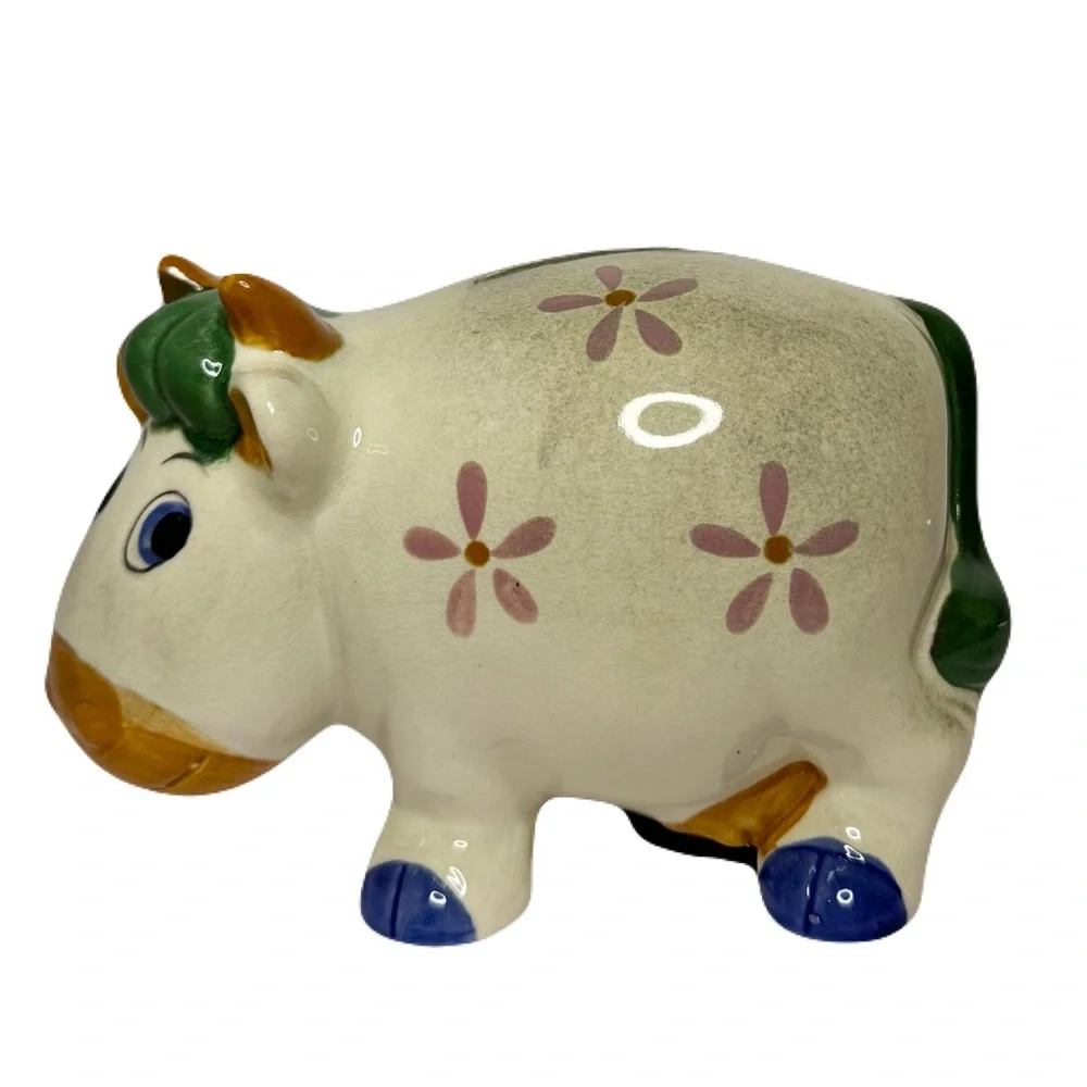 Vintage Cow Bull Piggy Coin Bank w Stopper & Original Sticker, Dabs Japan